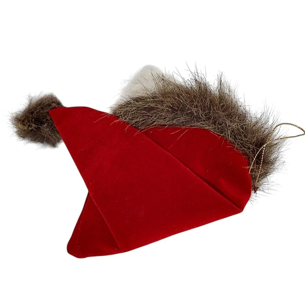 Vintage Santa Claus Head Ornament with Lush Beard Long Velvet Hat Faux Fur Hangs